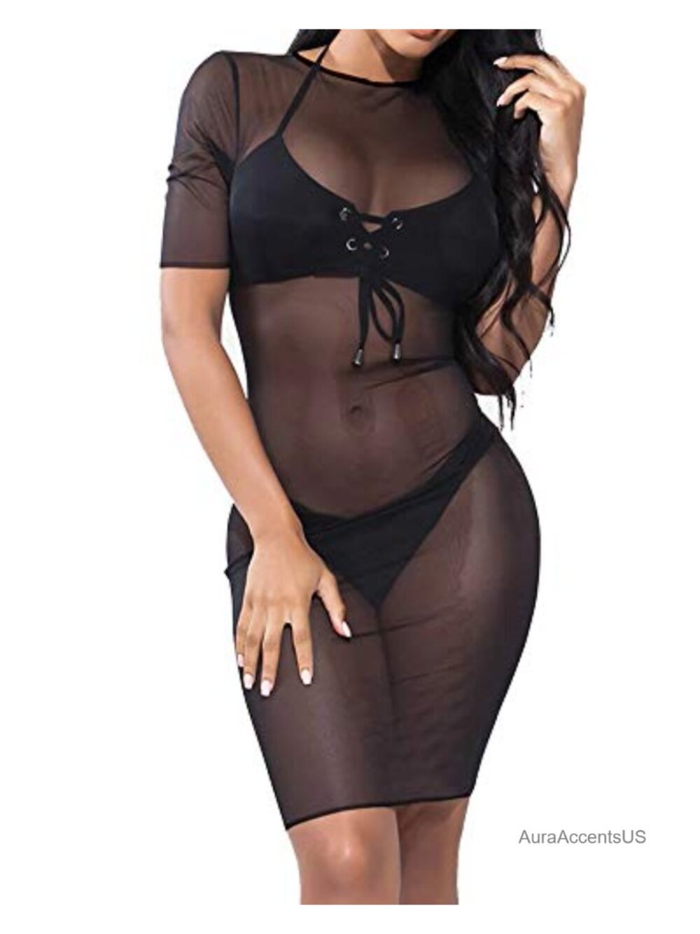 Sheer Mesh Club Dress Short Sleeve Cover Up Sexy See Through